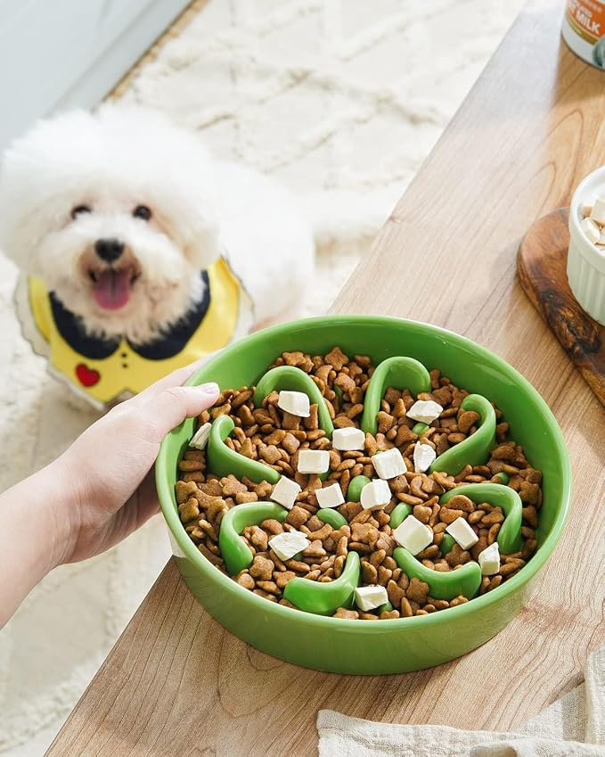 LE TAUCI Dog Bowls Slow Feeder Ceramic, 1.5 Cup Slow Feeding Bowl for Small and Medium Breed, Puzzle Dog Food Bowl for Fast Eater, Pink+Green - Image 2