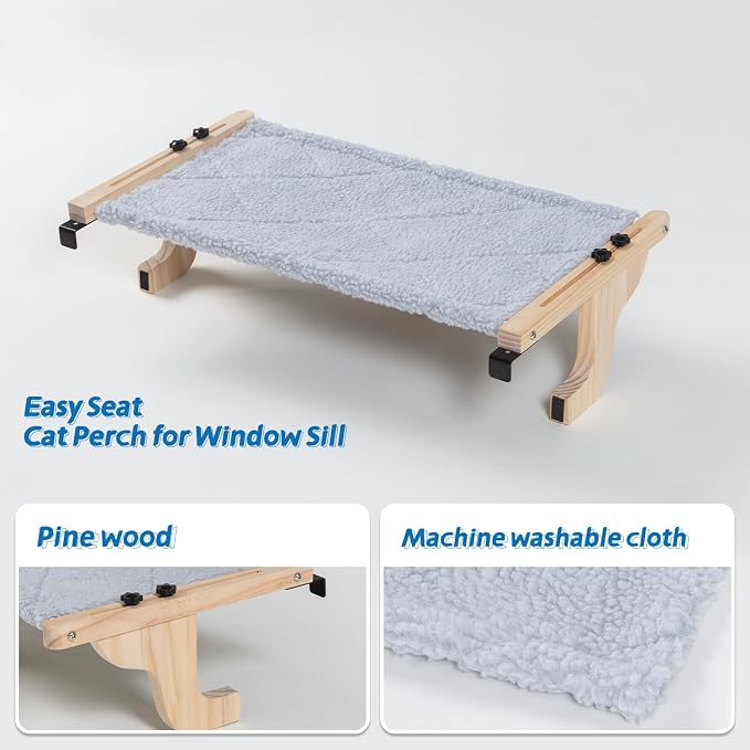 Zakkart 2PC Easy Seat Cat Perch for Window Sill - Hammock Design w/Pine Wood & Robust Metal Frame - Cat Window Seat for Large Cats and Kittens (Natural Color Wood w/Gray Bed, Large (26''W x 14''D) - Image 6