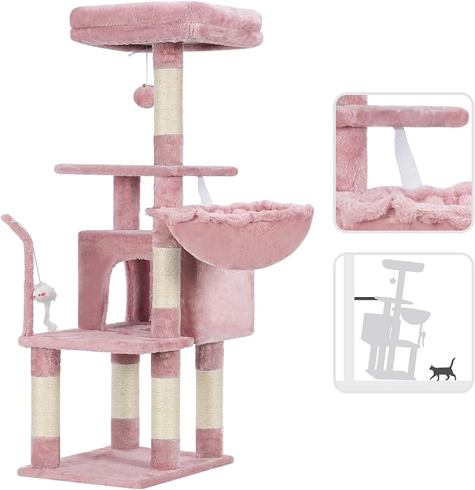 Heybly Cat Tree with Toy, 43.3 inch Cat Tower condo for Indoor Cats, Cat House with Padded Plush Perch, Cozy Hammock and Sisal Scratching Posts, Skin Pink HCT004SP - Image 5