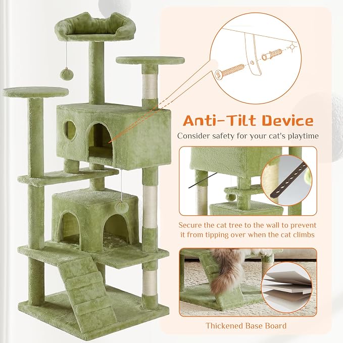 Sweetcrispy 54-inch Cat Tree Tower with Scratching Posts, Indoor Use | Multi-Level Indoor Cat Tree Condo with Climbing Ladder, Plush Toy, Play House for Kitten, Green - Image 6