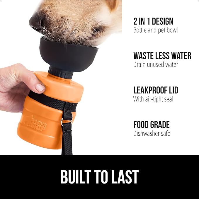 GORILLA GRIP Dog Water Bottle, Portable Water Bowl Dispenser for Dogs, 16 oz Leak Proof Pet Travel Squeeze Bottles, Food Grade Silicone, To Go Puppy Essentials, Hiking Camping Trip Accessories, Orange - Image 2