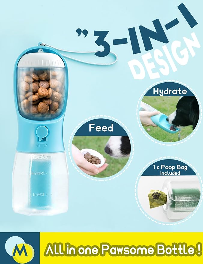 Portable Water Bottle for Small Dogs, 3 in 1 Pet Travel Bowl Dispenser with Food Treat Container & Poop Bag Holder, Summer Hiking Walking Accessories for Puppy On The Go - Blue, 10oz - Image 2