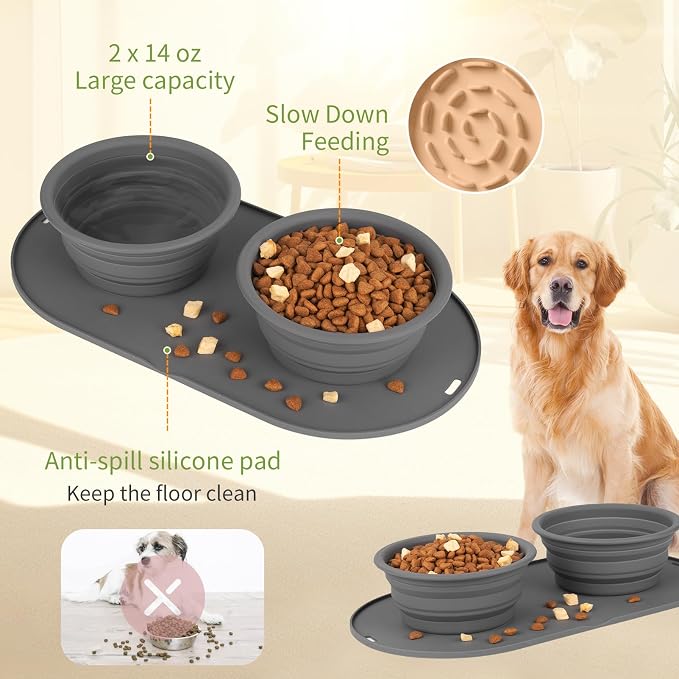 Puppy Dog Bowl,Travel Bowls Dog Food Bowls&Dog Water Bowls,No Spills,Collapsible Double Bowl,Suitable for Small and Medium Sized Dogs(Dark Grey) - Image 4
