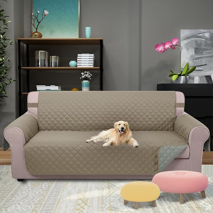 U-NICE HOME Reversible Sofa Cover Couch Cover for Dogs, Khaki/Light Grey | 68''Sofa Mat Washable, Pet Friendly, Elastic Straps, Water Repellent, Furniture Protector for 3 Cushion Couch - Image 2