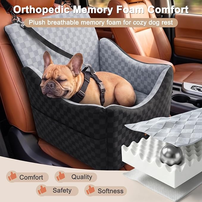 JOEJOY Elevated Dog Car Seat for Small/Medium Dogs up to 35 lbs, Memory Foam Booster Seat with Detachable Washable Cover, Travel-Safe Car Bed with Safety Belts & Storage Pockets, Grey - Image 3