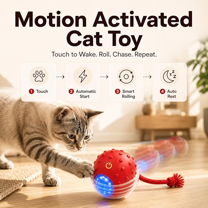 Interactive Rolling Cat Ball, Motion Activated Automatic Cat Toy | Smart Play, High Power, Anti-Stuck Rolling, Carpet & Hardwood, Chirping Sound, USB-C Rechargeable, 3 Modes, Durable - Image 5