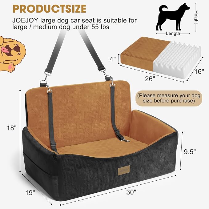 Dog Car Seat for Large Medium Sized Dogs Under 55 lbs, Dog Booster Seat for 2 Small Dogs with Detachable Washable Cover and Cushion, Memory Foam Pet Car Seat with 2 Safety Belts and Storage Pockets - Image 6