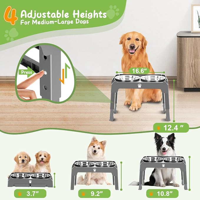 Elevated Raised Dog Bowl Stand with 2 Stainless Steel Bowls, Adjustable Height for Medium Large Dogs, 12.36" - 3.7" Foldable Feeder, Grey - Image 2