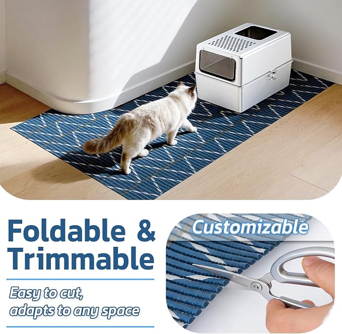 Cat Litter Mat, 40"x25" Jumbo Foam Litter Box Mat | Extra Large Coverage, Soft on Paws, Trimmable Design, BPA-Free Foam, Leak-Proof, Machine Washable, Navy Chevron - Image 4