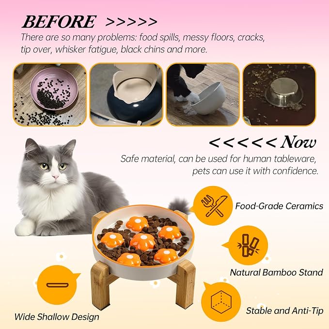 Elevated Ceramic Slow Feeder Cat Bowl with Anti-Slip Bamboo Stand | 6.3" Wide Whisker Friendly, Slow Eating 3x, Dry & Wet Food, Cute Flower-Shaped Maze, Microwave & Dishwasher Safe, Orange - Image 4