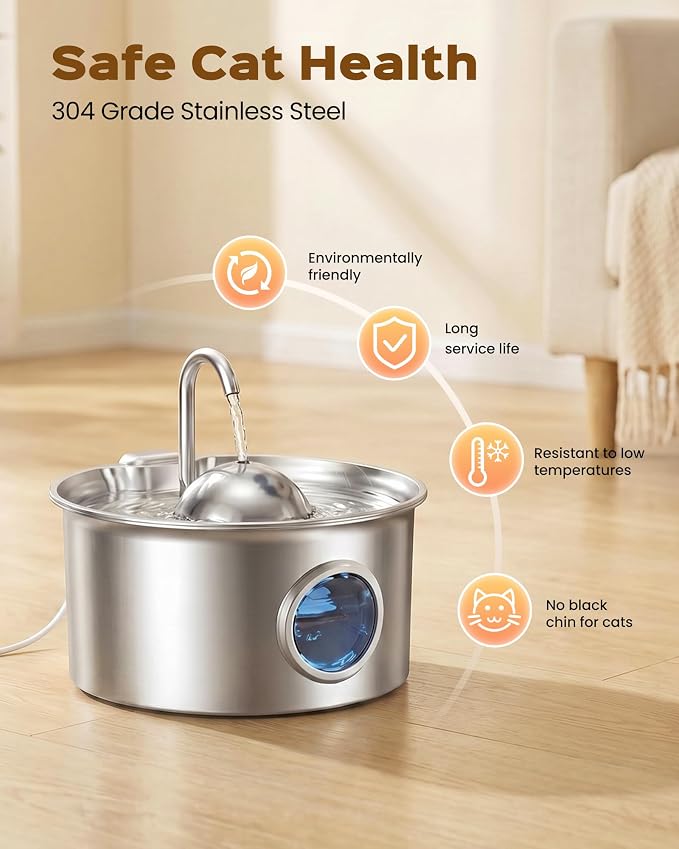 Cat Water Fountain Stainless Steel: Pet Water Fountains for Cats Indoor - 88oz/2.6L Cat Fountains for Drinking - Quiet Hemispherical Shape - Automatic Pet Fountain Bowl Dispenser- Small Animals - Image 2