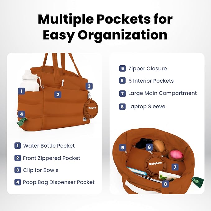 Rubyloo Puffer Dog Travel Bag for Dog Moms, Diaper Bag with Travel Bowls | 2 BPA-Free Collapsible Bowls, 2 Pet Food Containers, 9 Pockets, Everyday Puffer Bag Works With or Without Your Dog, Rust - Image 4
