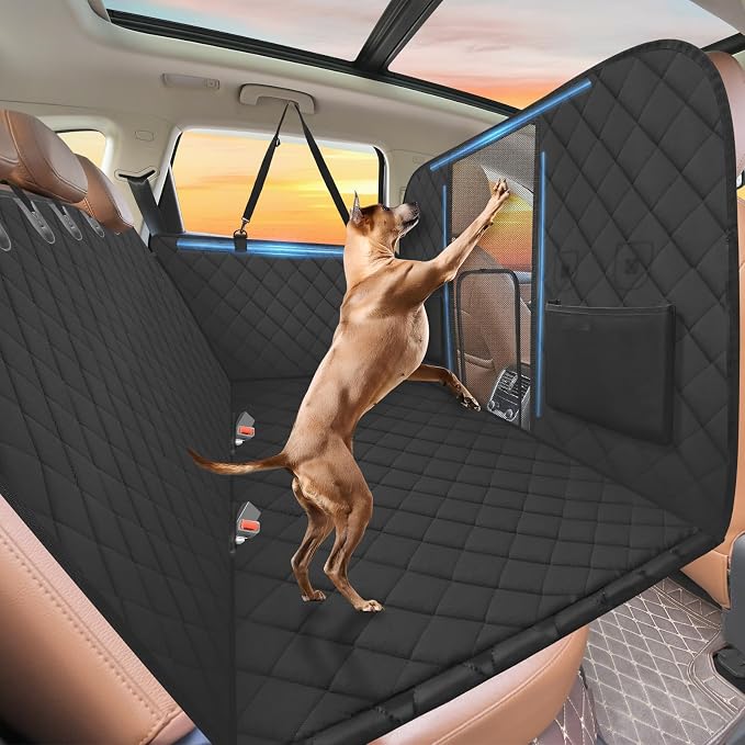 Hard Bottom Dog Car Seat Cover for Back Seat, High Barrier | Dog Hammock for Car, Holds 420lbs, Sturdy 600D Oxford, Extender Space, Backseat Protector Pet Bed, Waterproof, Mesh Window by ROUWINNE