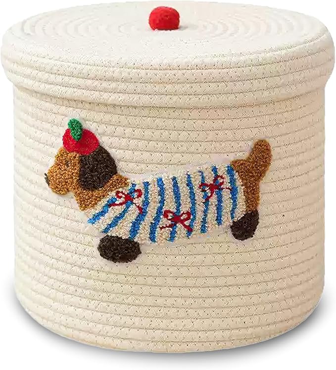 Cute Dog Cotton Rope Storage Basket with Lid, 10"×10"×9" Woven Storage Bin, Large Capacity Dustproof Toy Organizer, Decorative Laundry Hamper for Living Room, Nursery, Kids Room (Small) by Unknown