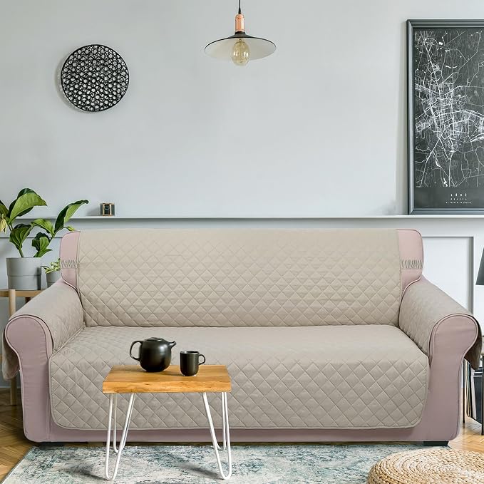 U-NICE HOME 4 Seater Sofa Cover 91''Large Couch Cover, Beige/Beige | Washable, Pet Friendly, Elastic Straps, Water Repellent, Furniture Protector Mat for 4 Cushion Couch - Image 2