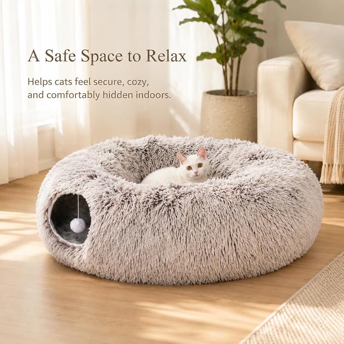 Warm Fluffy Plush Cat Tunnel Bed Under Christmas Tree Big Tube Playground Toys 3 FT Diameter Longer Crinkle Collapsible 3 Way, for Indoor Cat Kitty Kitten Puppy Rabbit Ferret Brown - Image 7