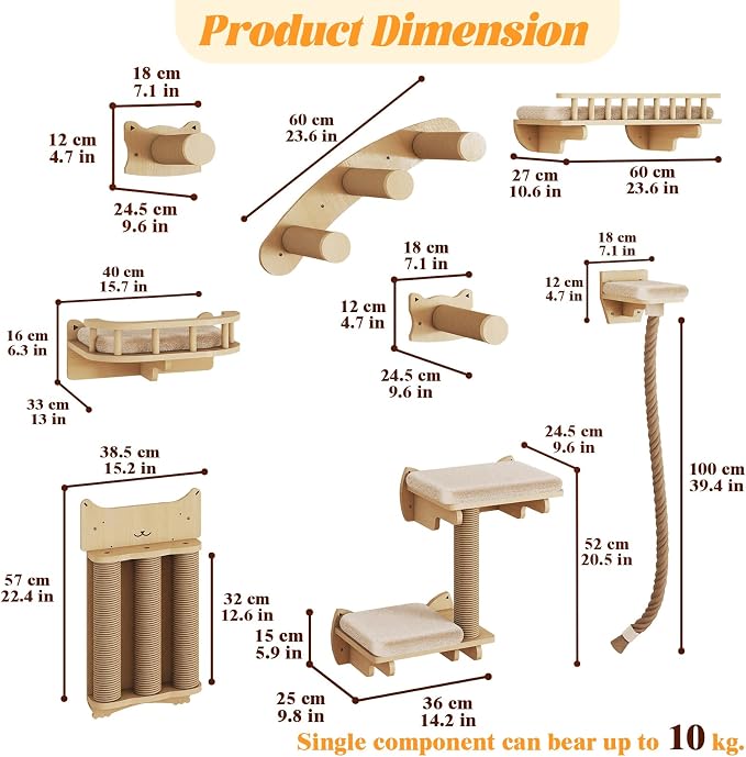 BYBYME 8 Pcs Cat Wall Climbing Set, Wood Cat Furniture with Scratching Posts, Kitten Perch, 100CM Sisal Rope & Cat Bed, Wall Mounted Cat Shelves for Sleeping, Playing & Relaxing（Natural Wood） - Image 3