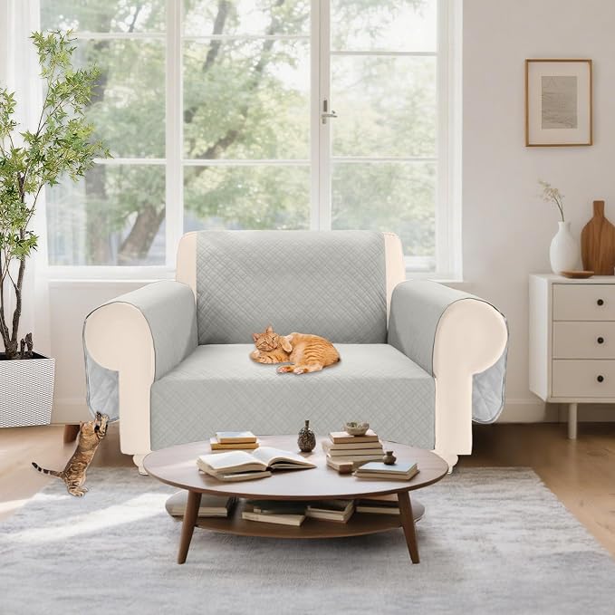 Velvet 100% Waterproof Chair Covers for Living Room Sofa Armchair Cover Washable Couch Arm Chair Slipcovers for Dogs Non Slip Quilted Furniture Protector with Pockets (Small, Light Grey) - Image 7