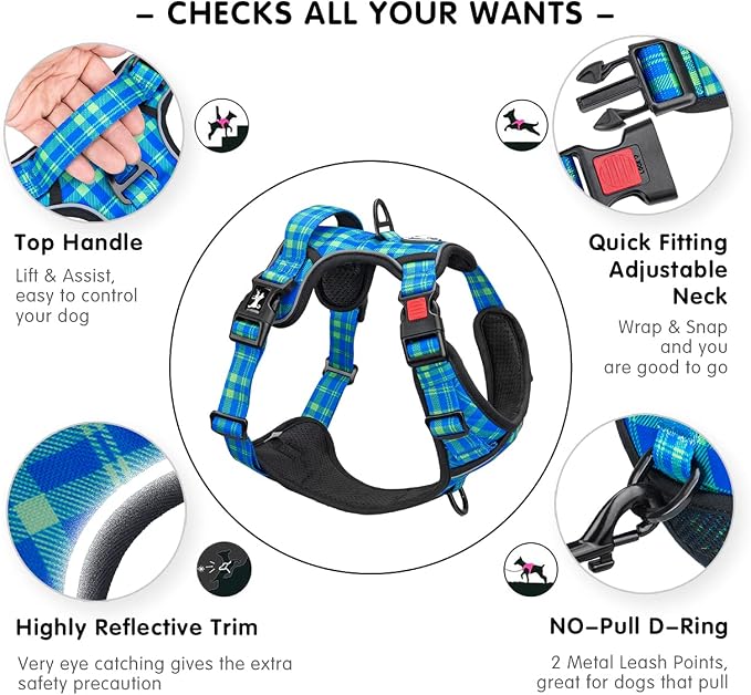 PoyPet Plaid Dog Harness Large, No Pull Vest with Front Clip & Neck Buckle | Padded Handle, Reflective, No Choke, Lockable, 2 Leash Rings, Full Adjustable, for Training Walking, XL, Checkered Blue&Green - Image 3