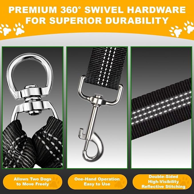 Double Dog Leash for Two Dogs, Professional No Tangle 360° Swivel Coupler with Shock Absorbing Bungee, Adjustable Length Dual-Sided Reflective Two Dogs Lead Splitter for Small Medium Large Dog - Image 3