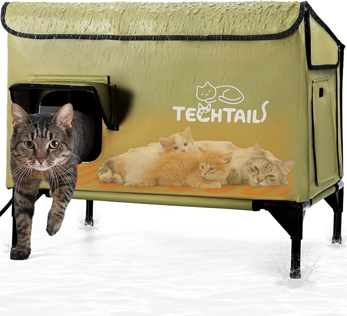 Large Heated Outdoor Cat House for Outside Winter, Insulated Weatherproof Cat Shelter with Slanted Roof, Escape Door & Heating Pad, Elevated Kitty Bed Feral Cat House for Outdoor Cats Stray Barn Cat by Unknown