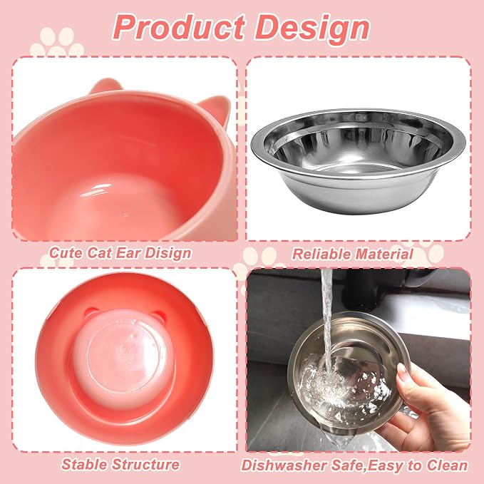 7 Pcs Raised Cat Food Bowl Stainless Steel Tilted Feeding for Little Cat Raised 15° Elevated Pet Dish for Kitten Puppy Anti-Slip Detachable Pet Stainless Steel Slope Base Food Bowl with 5 Food Scoop - Image 3