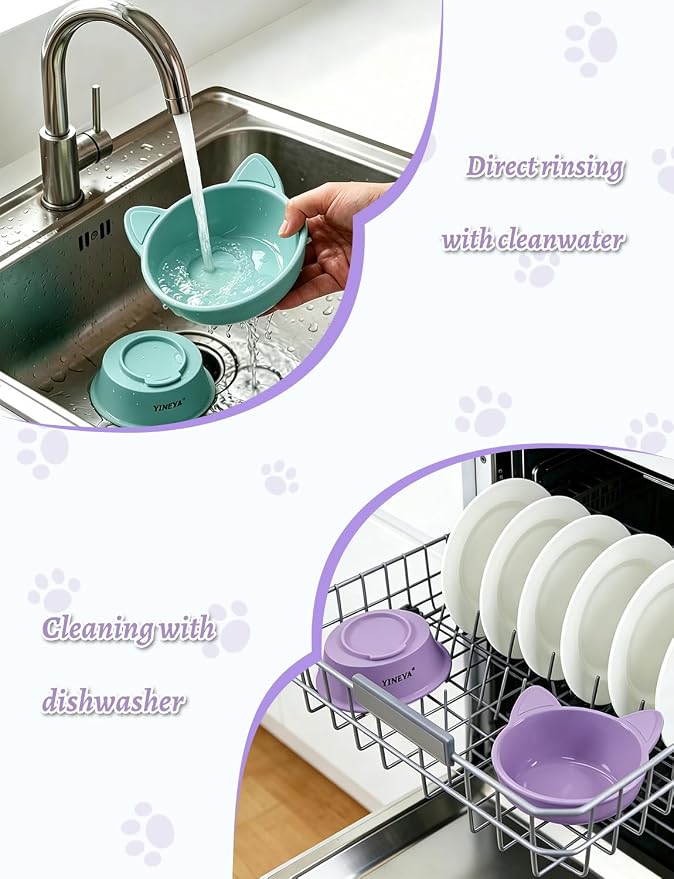 YINEYA Elevated Cat Bowls 2 Pcs, Cat Food Bowl to Protect Neck & Anti-Vomit, Whisker-Friendly Raised Food and Water Bowls Set for Indoor Cats/Small Dogs, Cute Pet Feeding Bowl 6 OZ Each, Purple&Cyan - Image 7