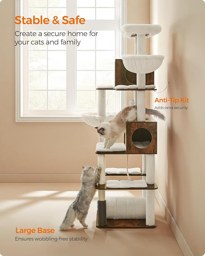 Feandrea Cat Tree, 75.6-Inch Modern Cat Tower, Tall Multi-Level Condo with 2 Caves, 2 Hammocks, 4 Scratching Posts, Self-Groomer, Tunnel, Perch, Rustic Brown UPCT193X01 | Tall Cat Tower, 4 Scratching Posts, Self-Groomer, Tunnel, Perch, Rustic Brown, CA... - Image 8