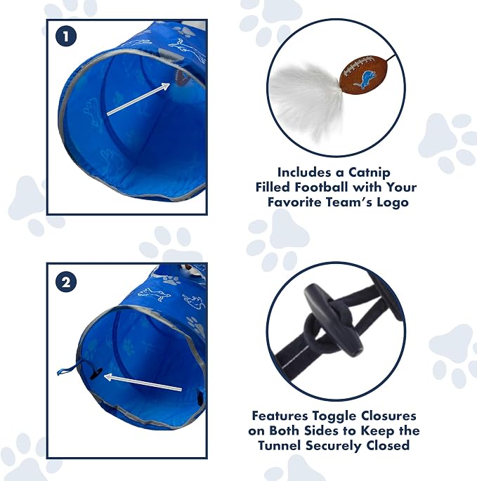 NFL Detroit Lions Cat Tunnel Tube Toy with Plush Football Catnip and Feathers Collapsible Tunnel for Cats to Play, Peek and Hide, Sporty & Fun Cat Tunnel Toy with Team Logo All-Over Design! - Image 7