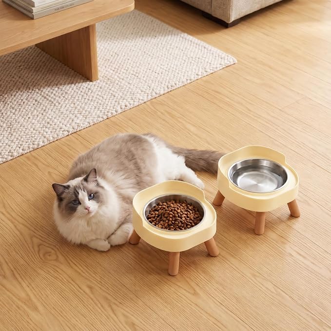 Elevated Cat Bowls, 2P Raised Cat Food and Water Bowl Set for Indoor Cats, Splash Proof with 2 Stainless Steel Pet Food Bowls for Cats ＆ Puppies, Whisker Friendly and Dishwasher Safe - Yellow - Image 9