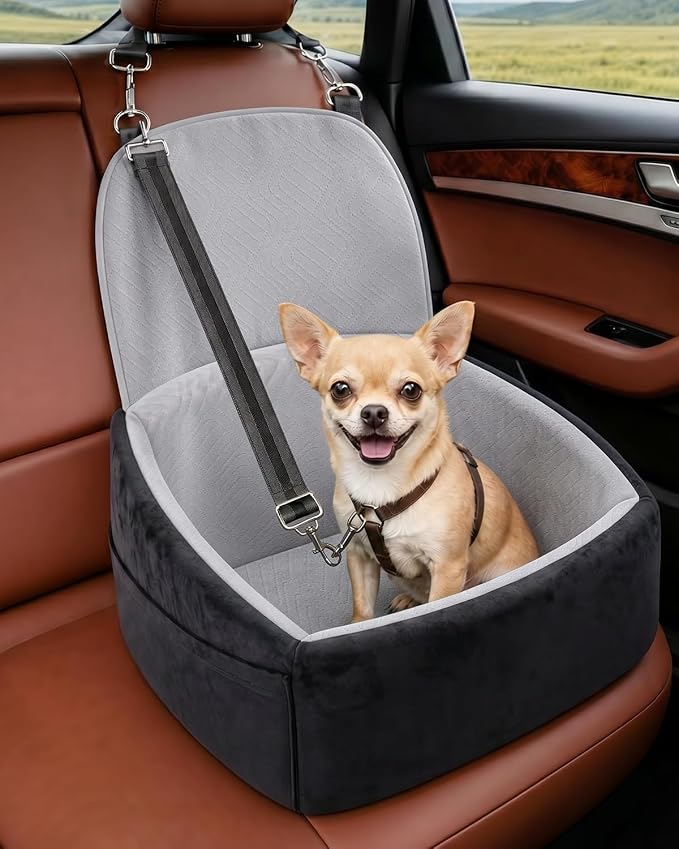 NUPIDA Dog Booster Car Seat with Extend Backrest for Small Medium Pet, Grey | Easy Install, Up to 30 lbs, Washable Removable Cover, Non-Slip Bottom, Large Storage Pockets, 2 Safety Leashes - Image 2