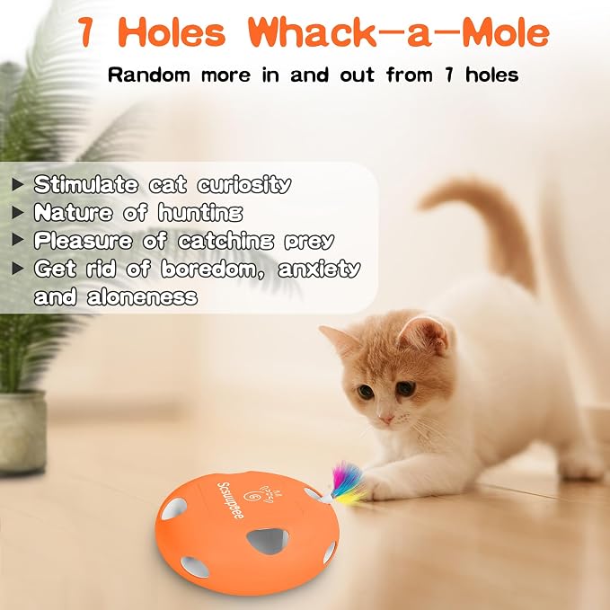 Cat Toys, Rechargeable Interactive Cat Toy, Orange | Smart Sensor Pop-Up Feather Toy with 7 Holes, USB Powered Automatic Kitten Toy for Indoor Cats - Image 4