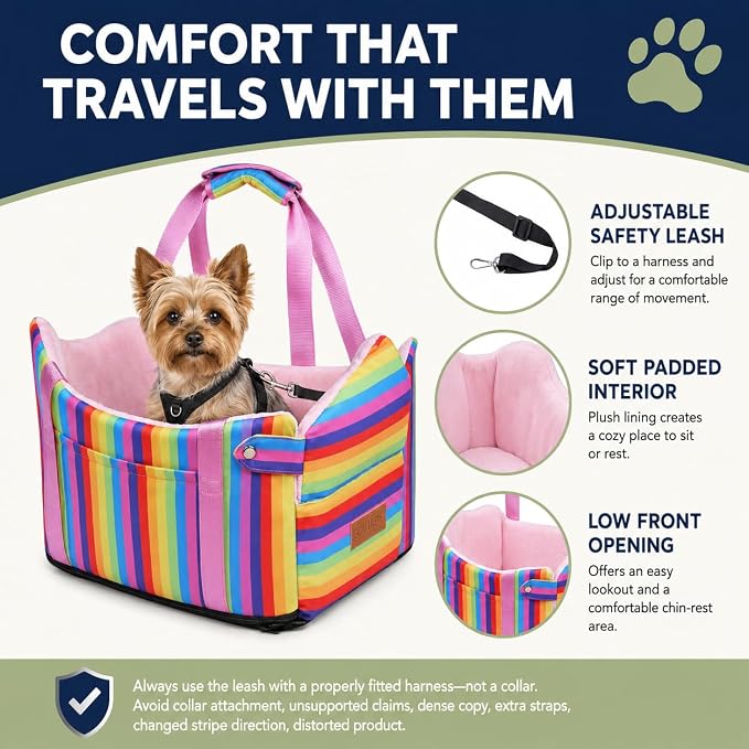 Console Dog Car Seat for Small Dogs to 15lbs (Rainbow Stripes) | Center Console Puppy Booster and Portable Travel Bed, Anti-Collapse Design with Washable Fluffy Cushion - Image 5