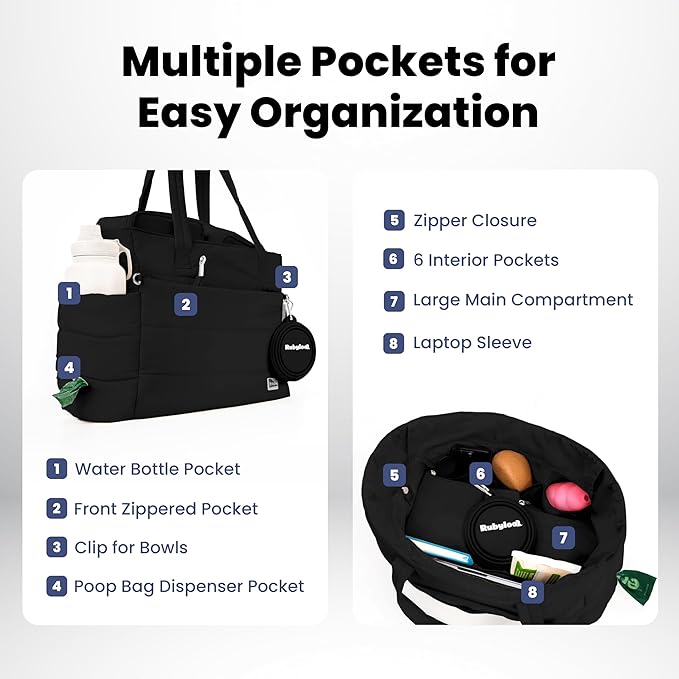 Rubyloo Puffer Dog Travel Bag for Dog Moms, Diaper Bag with Travel Bowls | 2 BPA-Free Collapsible Bowls, 2 Pet Food Containers, 9 Pockets, Everyday Puffer Bag Works With or Without Your Dog, Black - Image 4