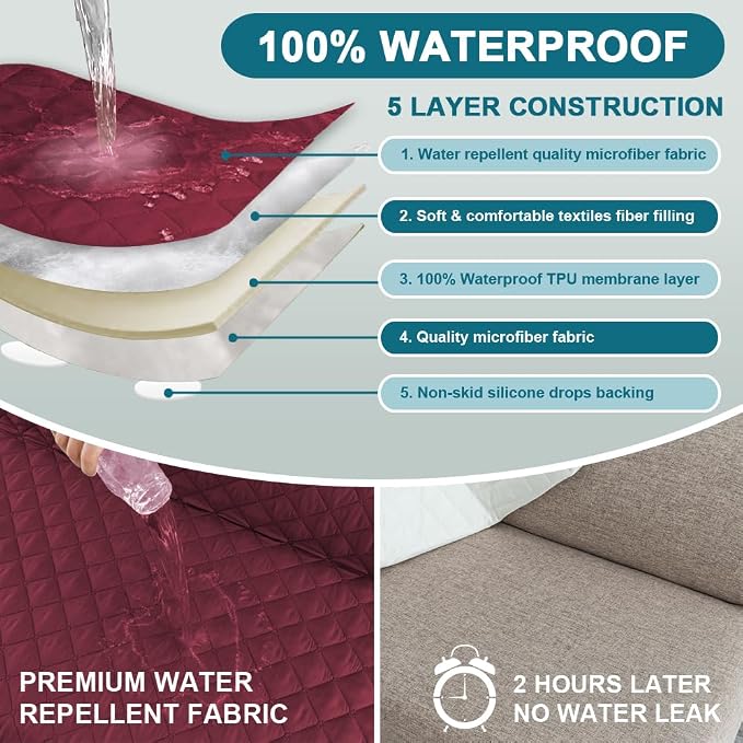 Turquoize 100% Waterproof Futon Cover Futon Slipcover Washable Armless Sofa Bed Slipcover Protector Seat Width Up to 70" with Adjustable Elastic Strap Anti-Slip for Dogs, Burgundy - Image 3