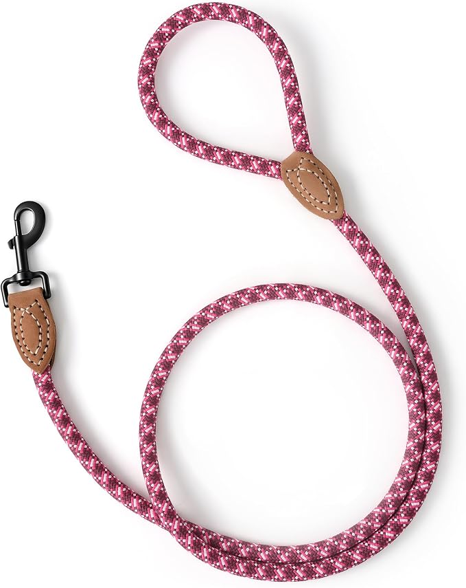 Mile High Life Dog Leash with Genuine Leather-Wrapped Ends, 4/5/6FT | Tangle-Free 360° Swivel Clasp Heavy Duty Rope Leash | Small Medium Large Dogs | Daily Walking (Pink White, 72 Inch, 1/2") - Image 7
