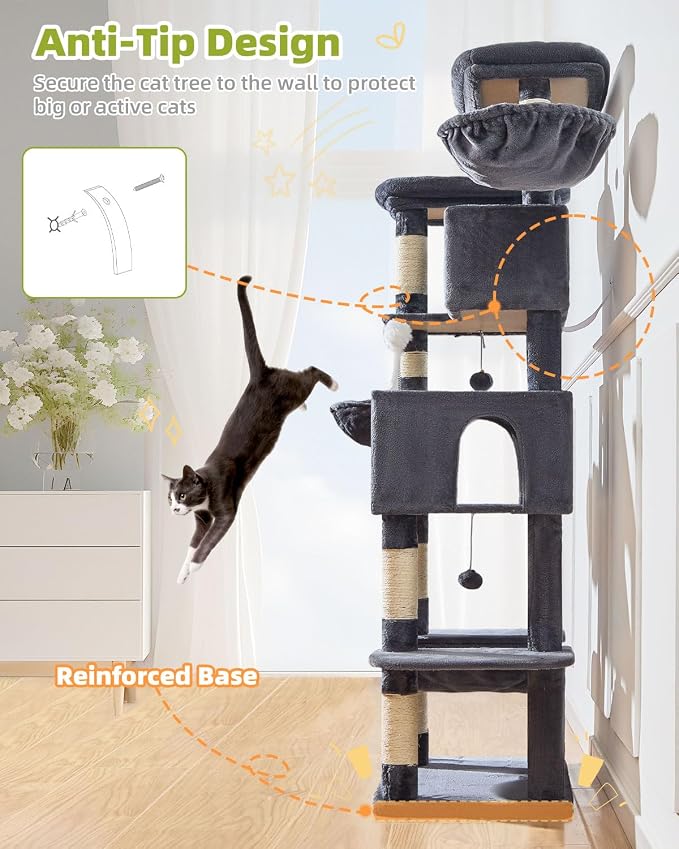Taoqimiao 76in Cat Tree, Tall Sturdy Cat Tower for Large Indoor Cats MS046G | Easy assembly, Sturdy, Multi Level, Easy Clean, Cozy Condo, Perches, Baskets, Suitable for Kittens and Adult Cats - Image 8