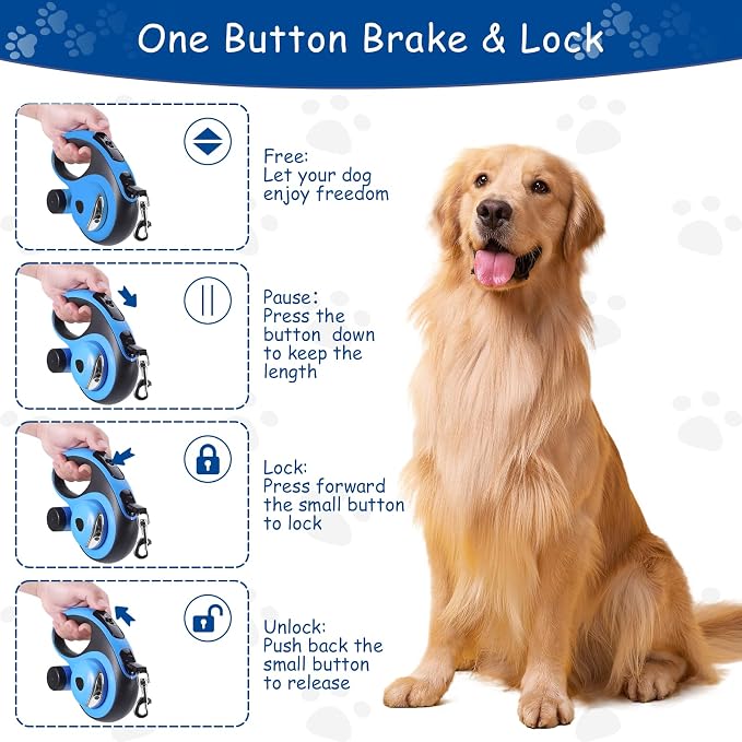 26Ft Retractable Dog Leash - for Dog Up to 110lbs, Tangle Free Walking Leash with Chew Proof Cable | LED Light | Dispenser | Poop Bags, Quick Lock Braking & Non-Slip Handle (Blue) - Image 4