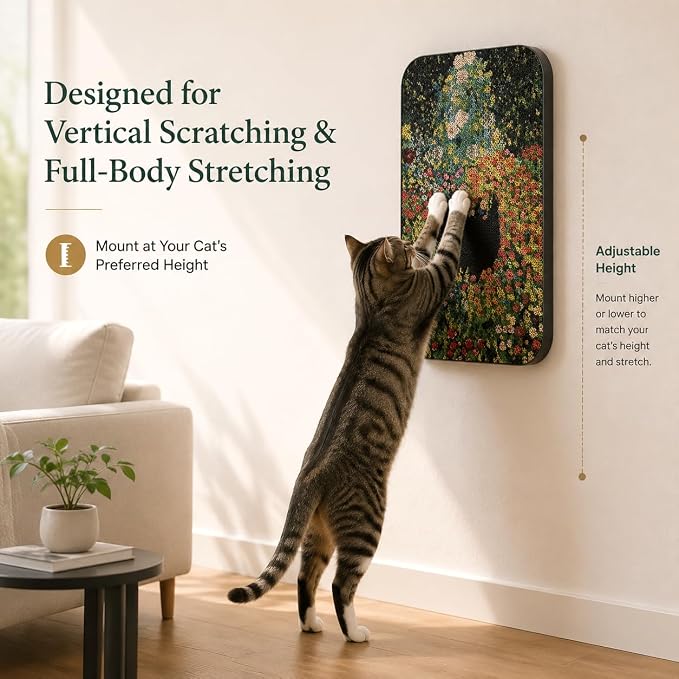 Cat Wall Scratcher, Art Cat Scratching Board for Indoor Cats | Wall Mounted Cat Scratch Pad, Water-Based Ink, Hook&Loop Strips, Floor or Wall Use, 16.7x11x1 Inch, Flower Garden - Image 8