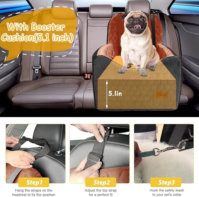 Dog Car Seat for Small/Medium Dogs, Memory Foam Dog Booster Seat, Travel Safety Per Car Seat with Washable Removable Cover, Storage Pockets for Dogs up to 35 lbs (Black/Red Brown, Small) - Image 4