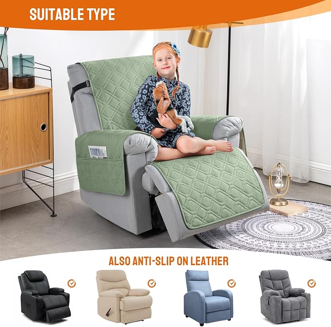 VANSOFY 100% Waterproof Recliner Chair Covers Washable, Light Green, 20" | Non-Slip, Slipcover with Pocket, Furniture Protector, Elastic Straps, Chair Cover for Pets, Dogs - Image 5
