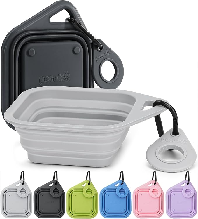 Pecute 2 Pack Foldable Travel Dog Bowls, Portable Silicone, Grey/Dark Grey | Food-Grade Silicone, BPA Free, with Carabiner Clip for Hiking, Durable & High Quality, Dishwasher Safe, 15oz Per Bowl by pecute