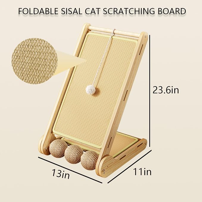 L-Shaped Sisal Cat Scratcher,Foldable Scratch Ramp for Indoor Cats | Foldable L-shaped sisal scratcher with solid wood base and toy ball to help protect sofas,walls and carpets from scratching - Image 3