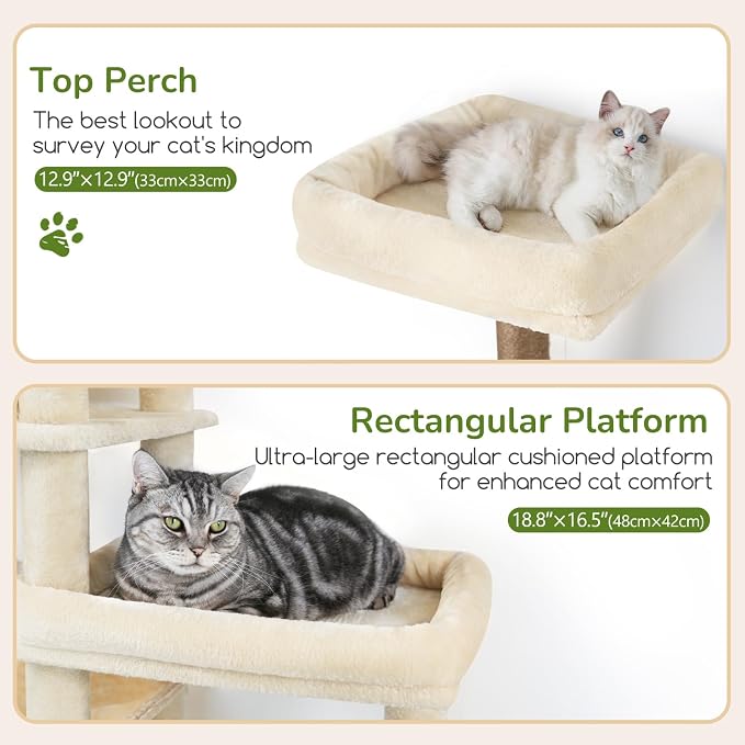 Globlazer Extra Large Platform Cat Tree, 65in Tall Sturdy Cat Tree for Indoor Cats Large Adult, Big Cat Tower for Big Cats with 3 Enlarged Perches, 6 Scratching Posts, Cat Condo, Hammock, S65, Beige - Image 3