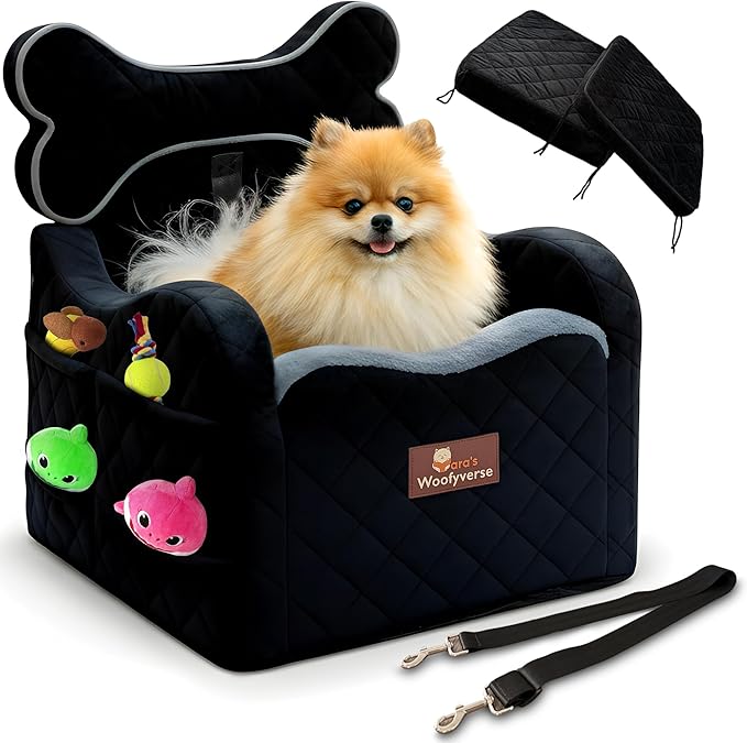 Yara’s Woofyverse Dog Car Booster Seat, Small & Medium Dogs, Midnight Ash | Fur-Lined Headrest, Adjustable Cushions, 6-Pocket Storage, Machine-Washable Cover, Portable Pet Car Seat Front/Back Travel by Unknown