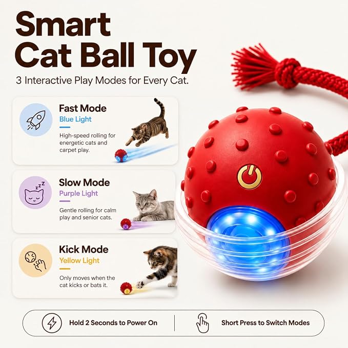 Interactive Rolling Cat Ball, Motion Activated Automatic Cat Toy | Smart Play, High Power, Anti-Stuck Rolling, Carpet & Hardwood, Chirping Sound, USB-C Rechargeable, 3 Modes, Durable - Image 2