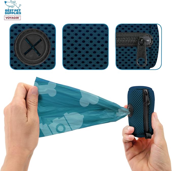 Best Pet Supplies Dog Poop Bag Holder Leash Attachment with Reusable Dispenser for Travel, Walking, Park, and Outdoor Use, Durable with Clip-On - Prussian Blue, Mesh Dispenser w/15 Bags - Image 3