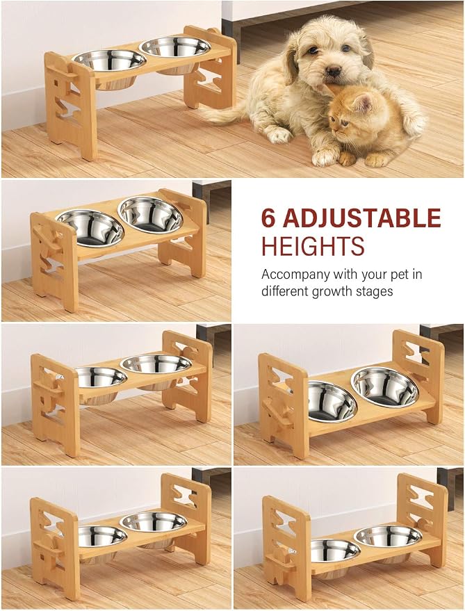 Elevated Dog Bowls, Raised Dog Bowl Stand Adjustable Small, Natural | Bamboo Elevated Feeder with 2 Stainless Steel Bowls, Adjustable Height Stand for Small Puppies and Cats - Image 3