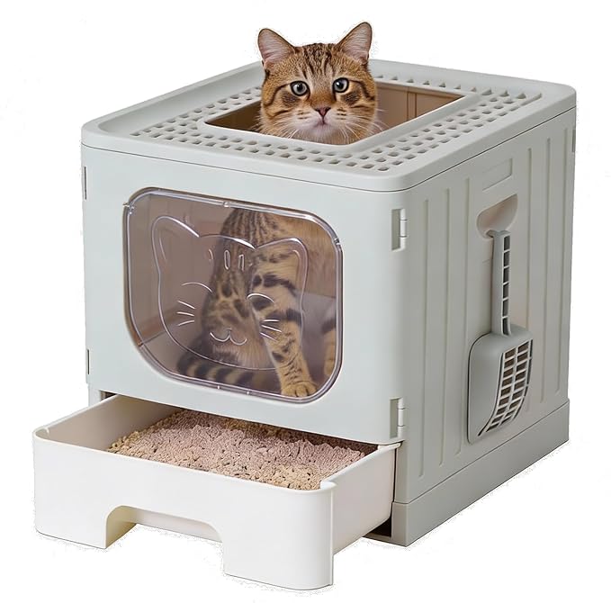 OLIXIS Cat Litter Box with Lid, Large Foldable Cat Box with Scoop, Front Entry Top Exit Kitty Litter Boxs with Door, Easy Cleaning Drawer Design Odor Control, Grey by OLIXIS