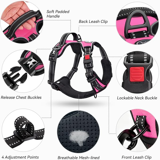 PoyPet No Pull Dog Harness Small with Front Clip & Neck Release Buckle | No Choke, Adjustable Vest, Reflective, Back Clip, Lockable, Soft Padded, Easy Control Handle for Walking Training, XS, Pink - Image 8